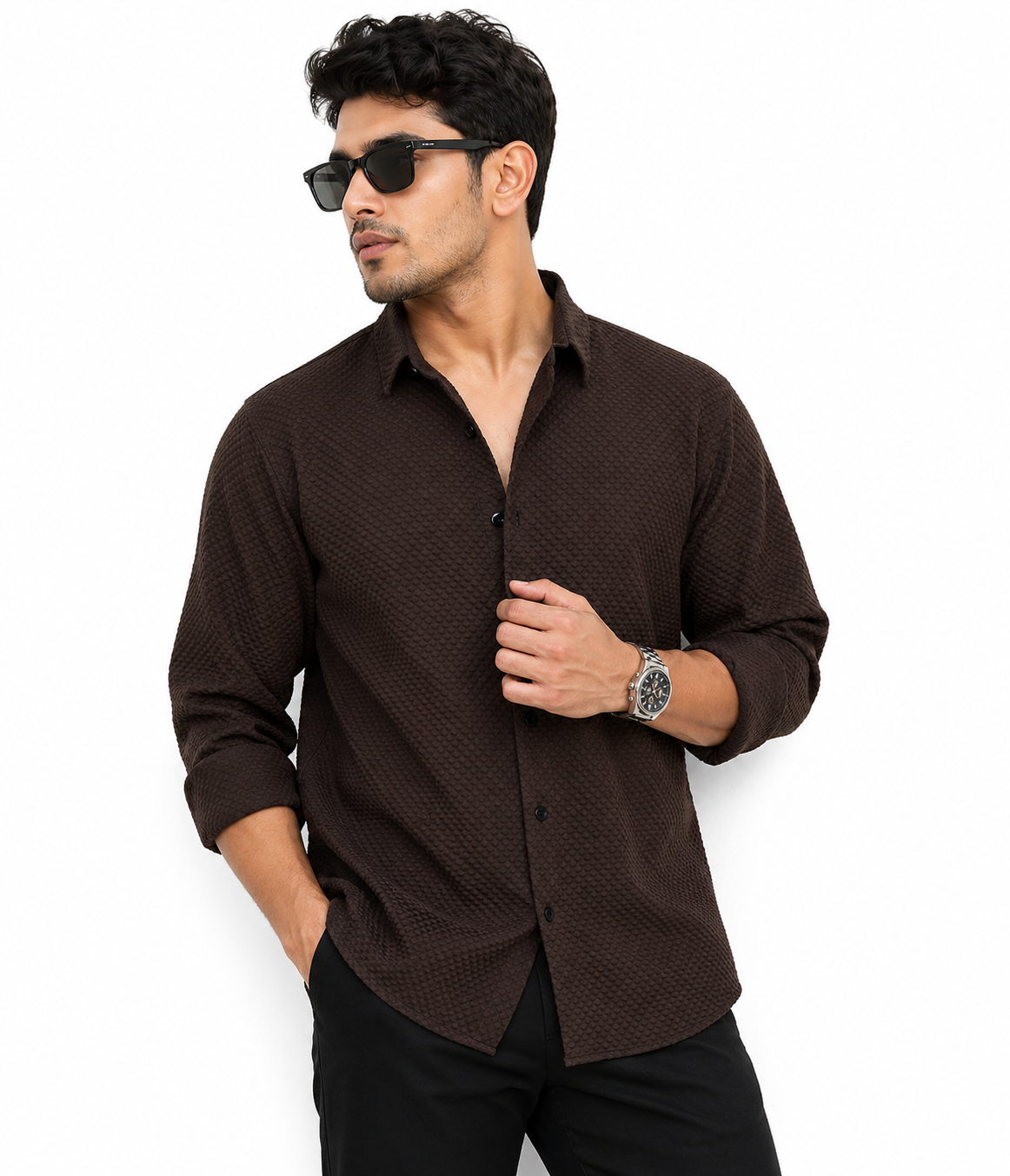 Structured Regular Fit Full-Sleeve Knitted Shirt
