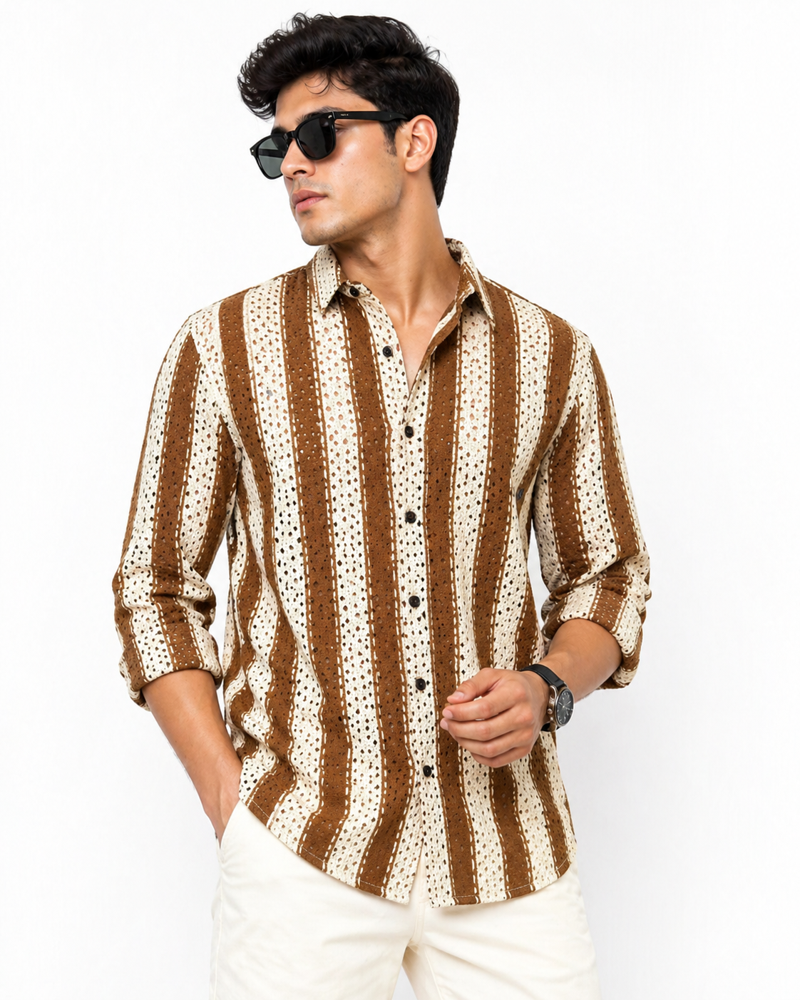 Luxury Textured Brown & Beige Striped Premium Shirt